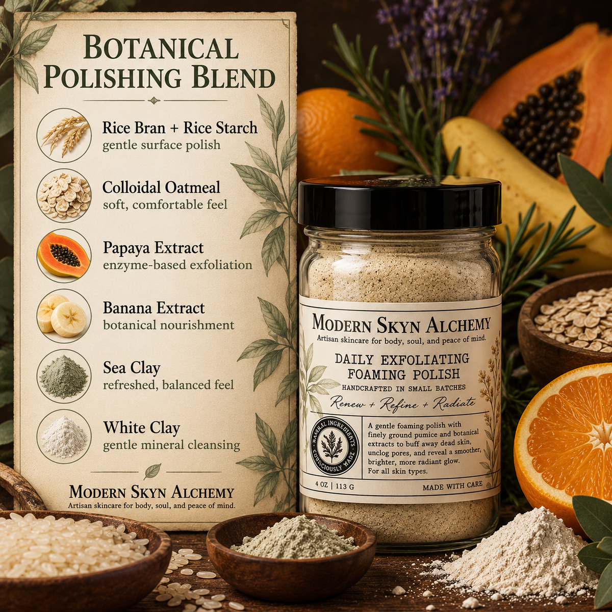 Daily Exfoliating Foaming Polish rice oats papaya banana and clay ingredients