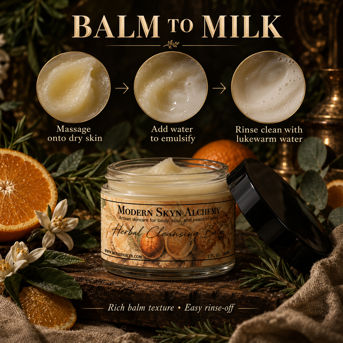 Modern Skyn Alchemy Herbal Cleansing Balm emulsifying texture infographic