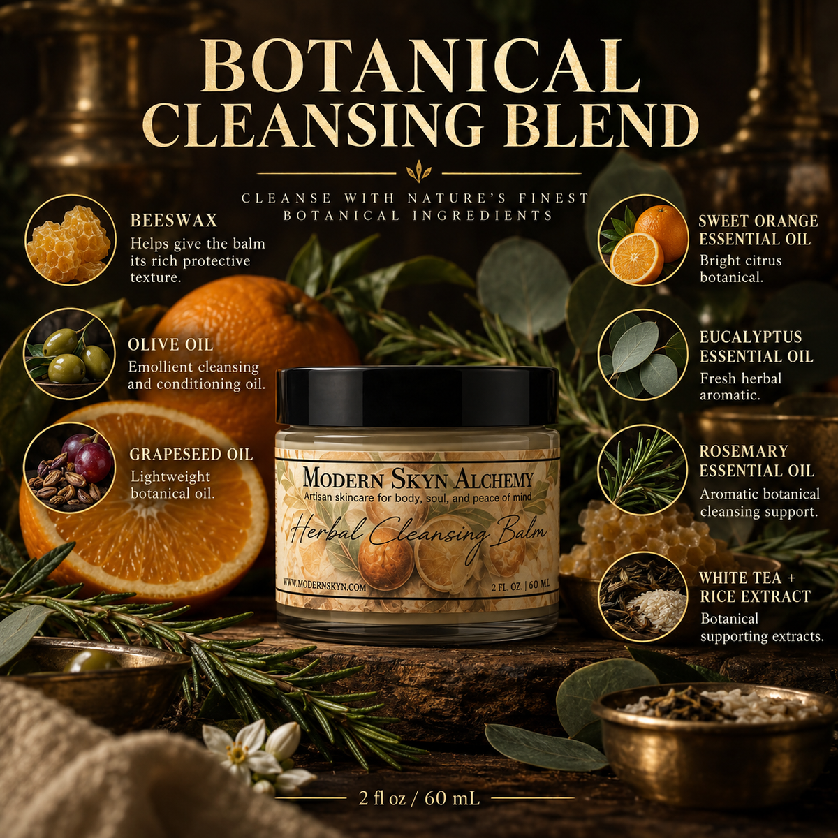 Modern Skyn Alchemy Herbal Cleansing Balm botanical ingredients infographic