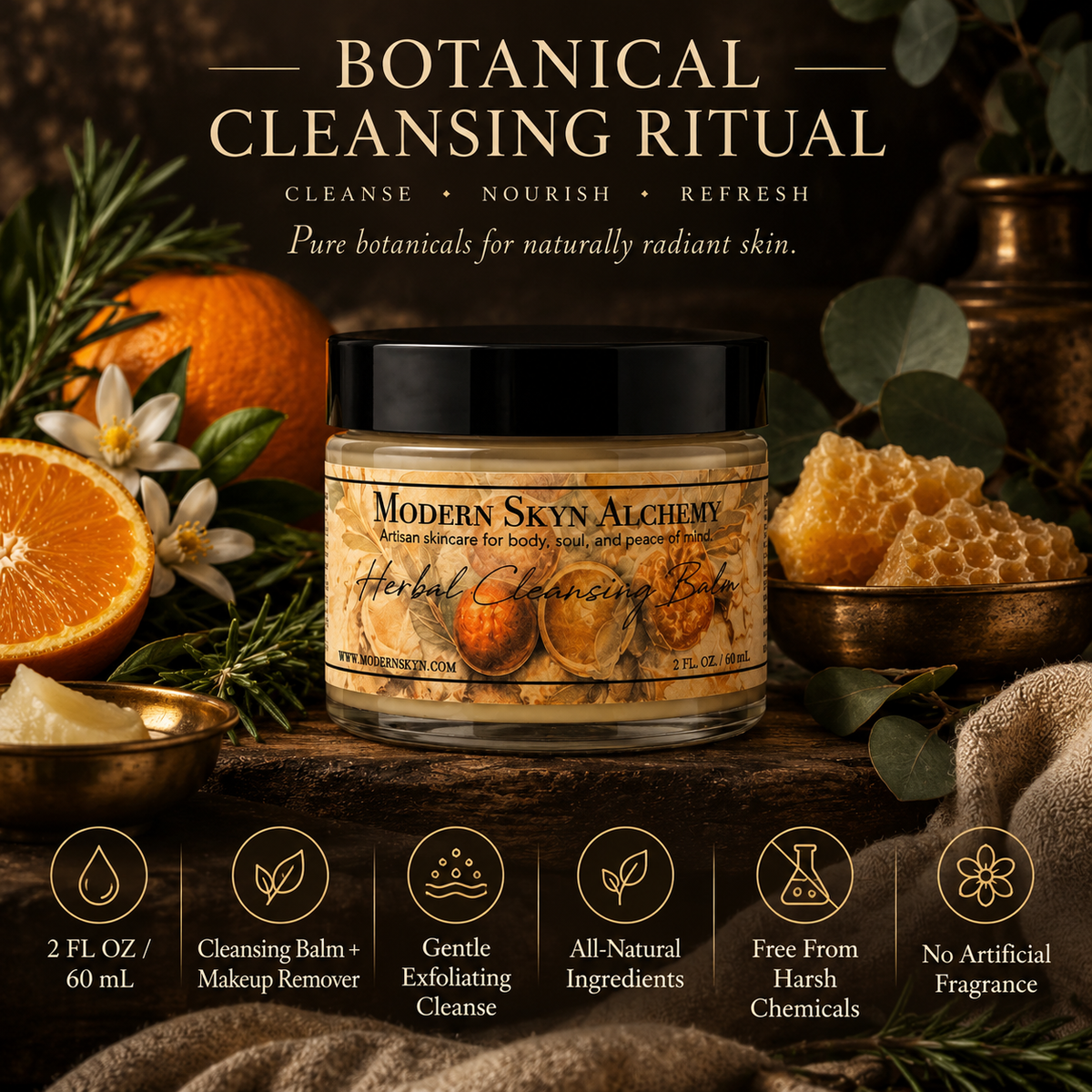 Modern Skyn Alchemy Herbal Cleansing Balm product details infographic