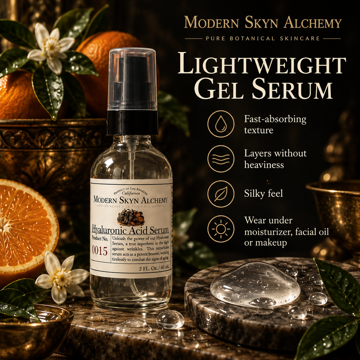 Modern Skyn Alchemy Hyaluronic Acid Serum lightweight texture infographic