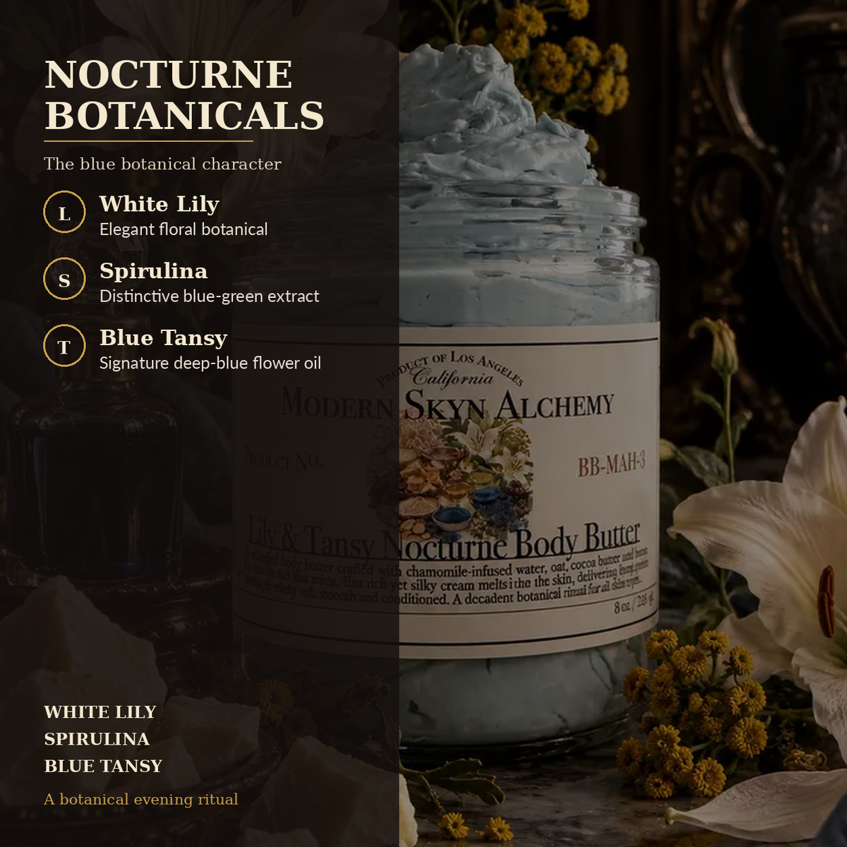Lily & Tansy Nocturne Body Butter white lily spirulina and blue tansy botanicals