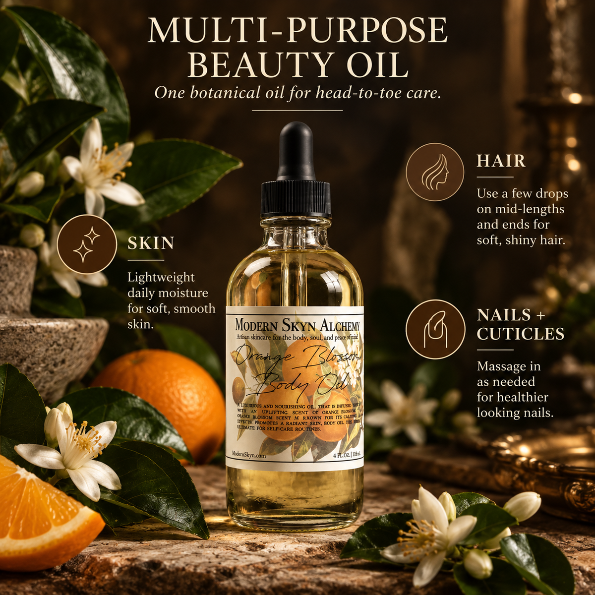 Orange Blossom Body Oil uses for skin hair and nails
