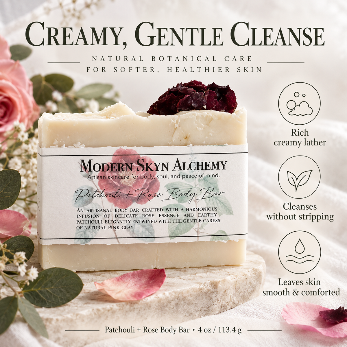 Patchouli Rose Body Bar creamy gentle cleanse benefits