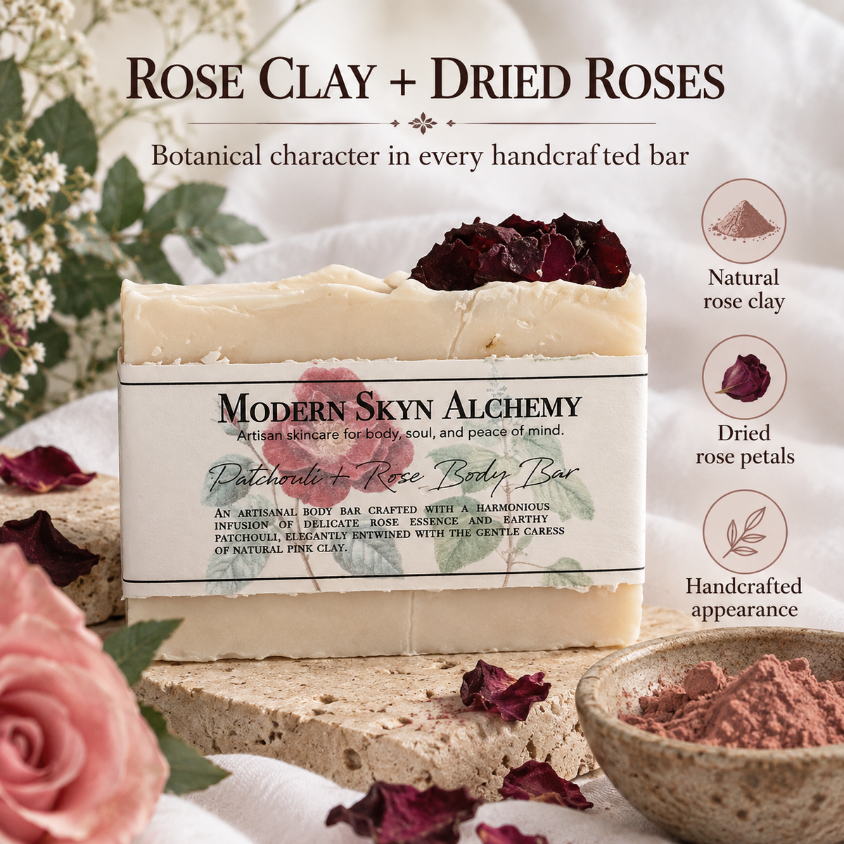 Patchouli Rose Body Bar rose clay and dried roses