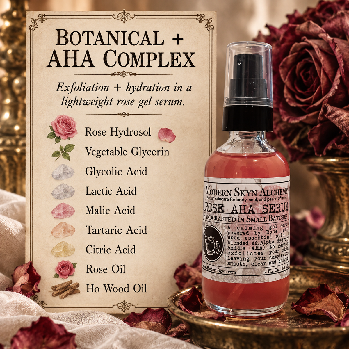 Rose AHA Serum botanical and AHA ingredients