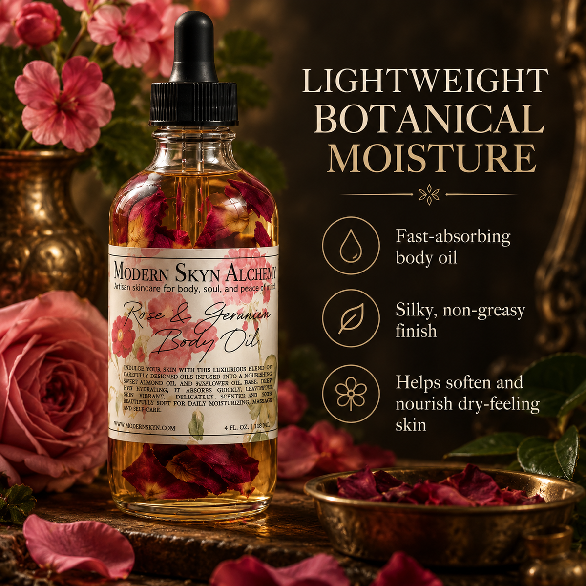 Rose & Geranium Body Oil lightweight botanical moisture benefits