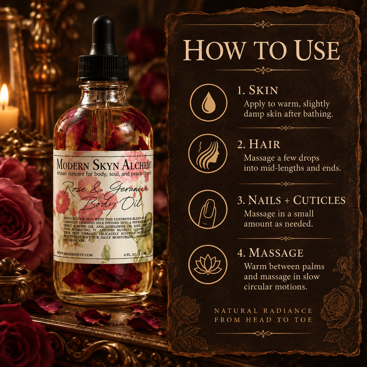 How to use Modern Skyn Alchemy Rose & Geranium Body Oil