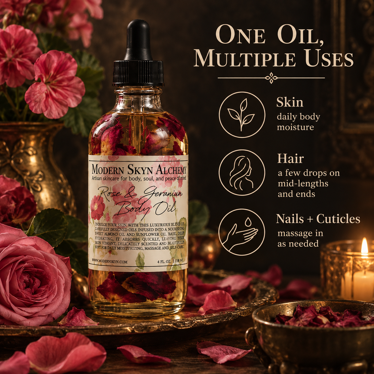 Rose & Geranium Body Oil uses for skin hair and nails