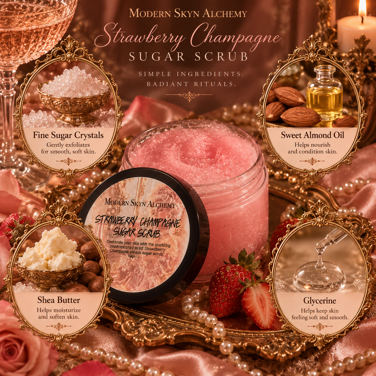 Strawberry Champagne Sugar Scrub key ingredients
