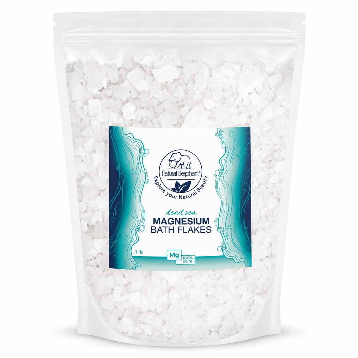 Natural Elephant Dead Sea Magnesium Bath Flakes 1 lb pouch on white