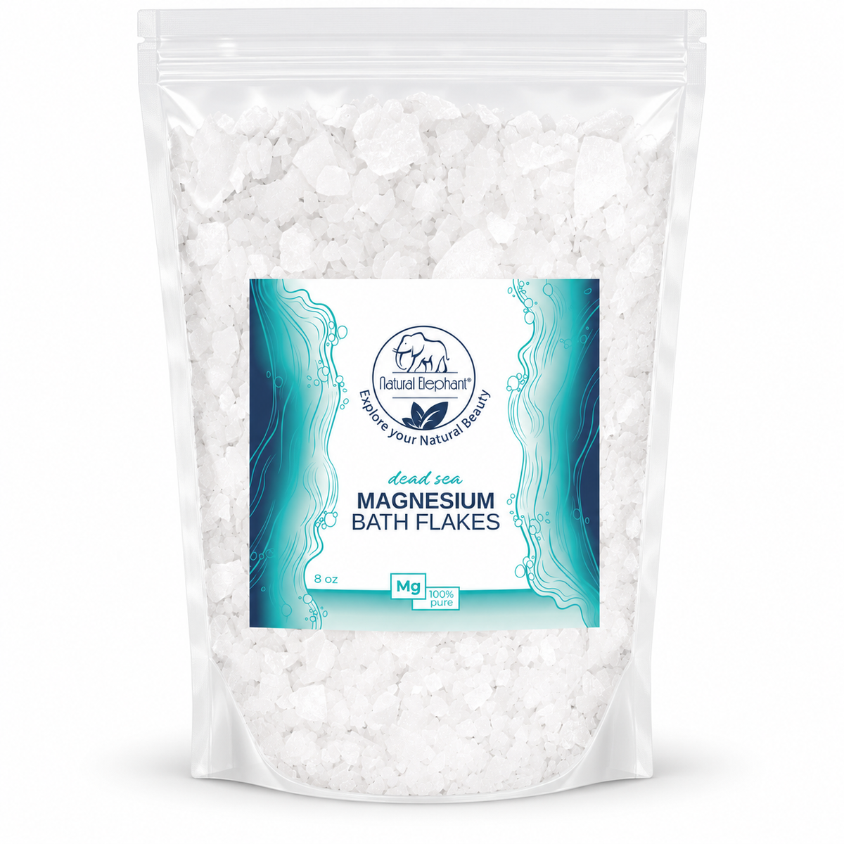 Natural Elephant Dead Sea Magnesium Bath Flakes 8 oz pouch on white