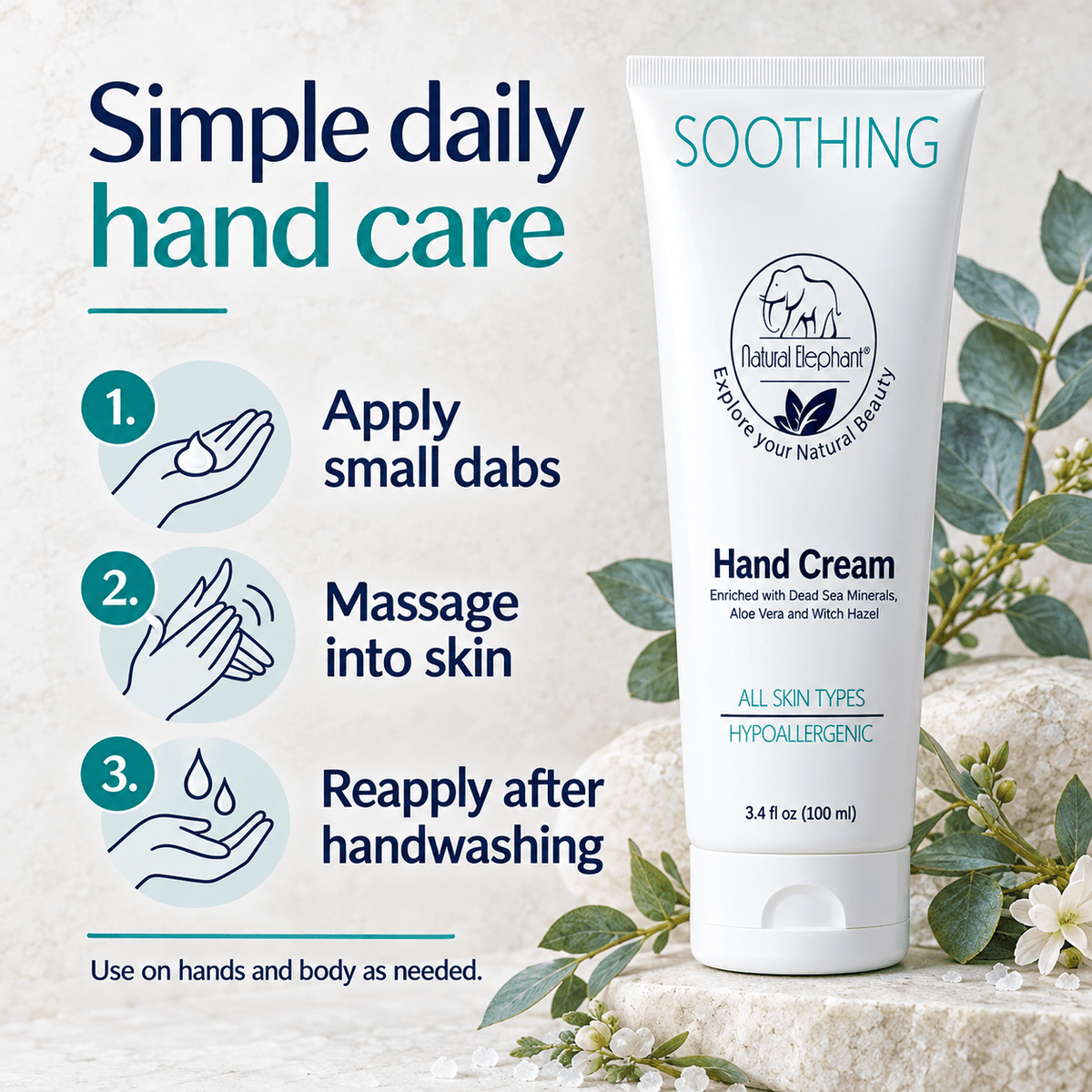 Apply small dabs massage into skin and reapply after handwashing