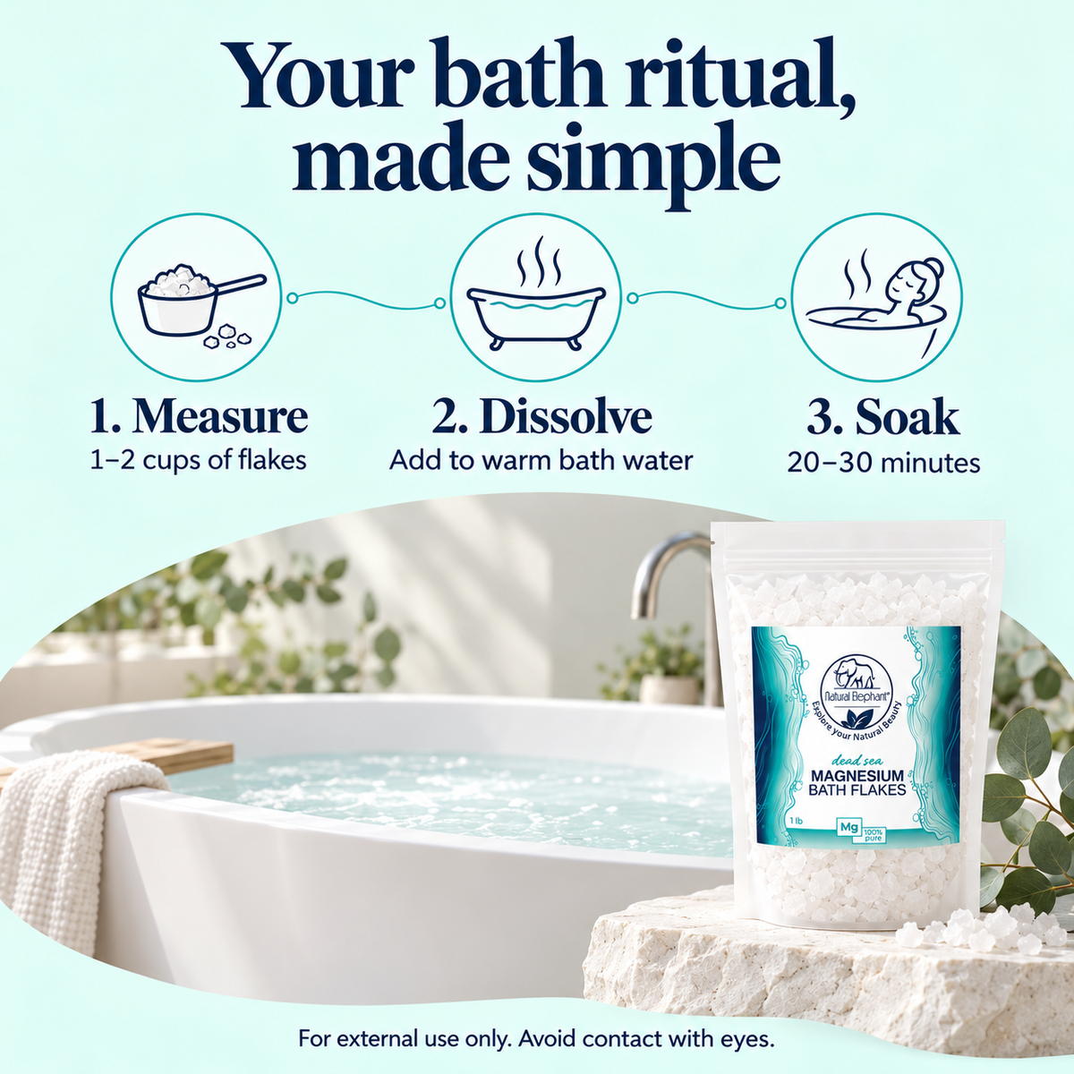 Bath directions: dissolve 1 to 2 cups in warm water and soak for 20 to 30 minutes; external use only