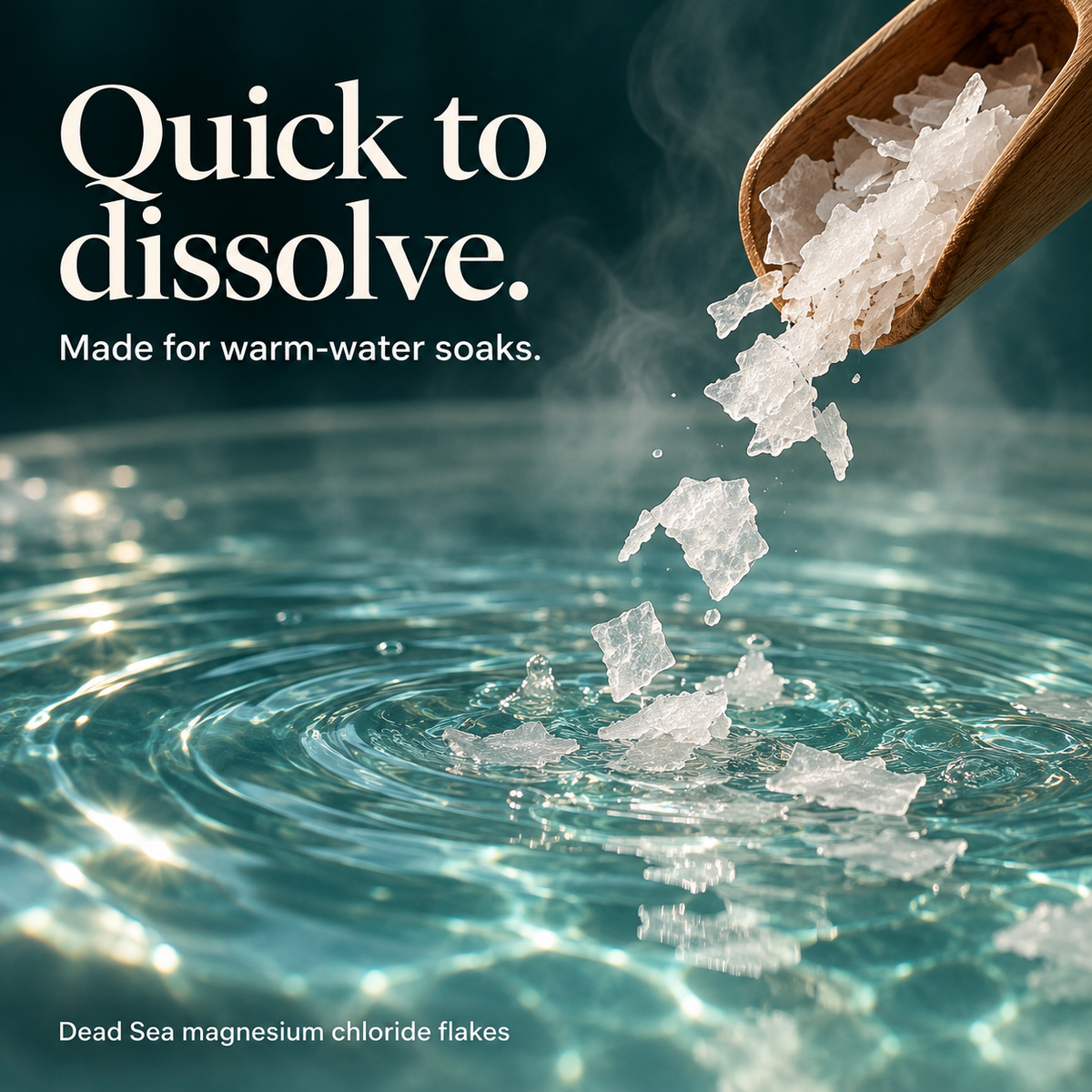 Quick-dissolving Dead Sea magnesium chloride flakes added to warm water