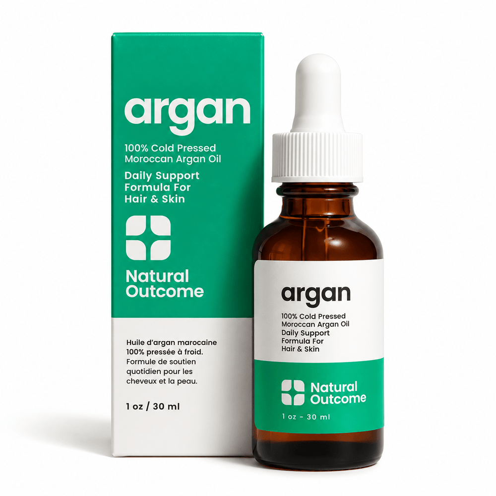 Natural Outcome argan oil 1 oz bottle and carton on white