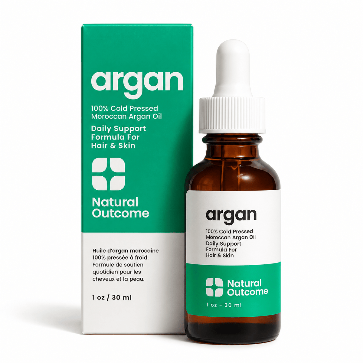 Natural Outcome argan oil 1 oz bottle and carton on white