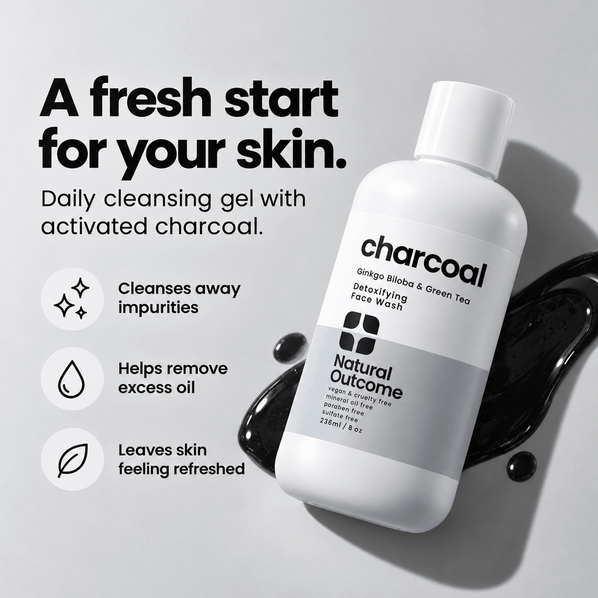 Activated charcoal cleansing gel helps remove impurities and excess oil