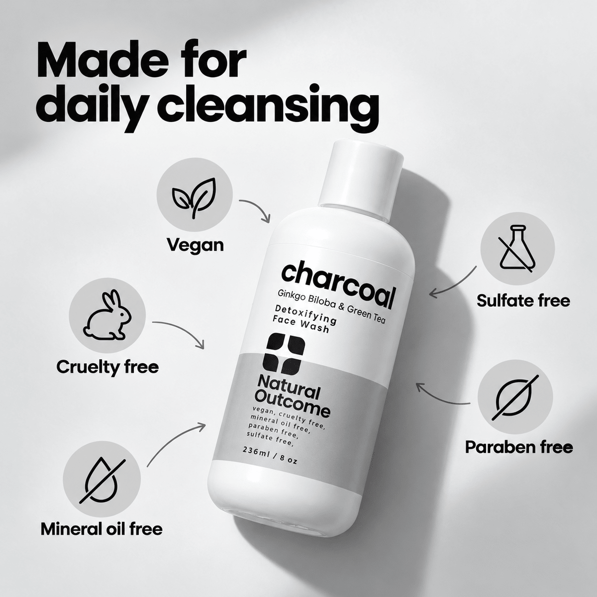 Charcoal cleanser vegan, cruelty-free, sulfate-free, paraben-free and mineral-oil-free standards