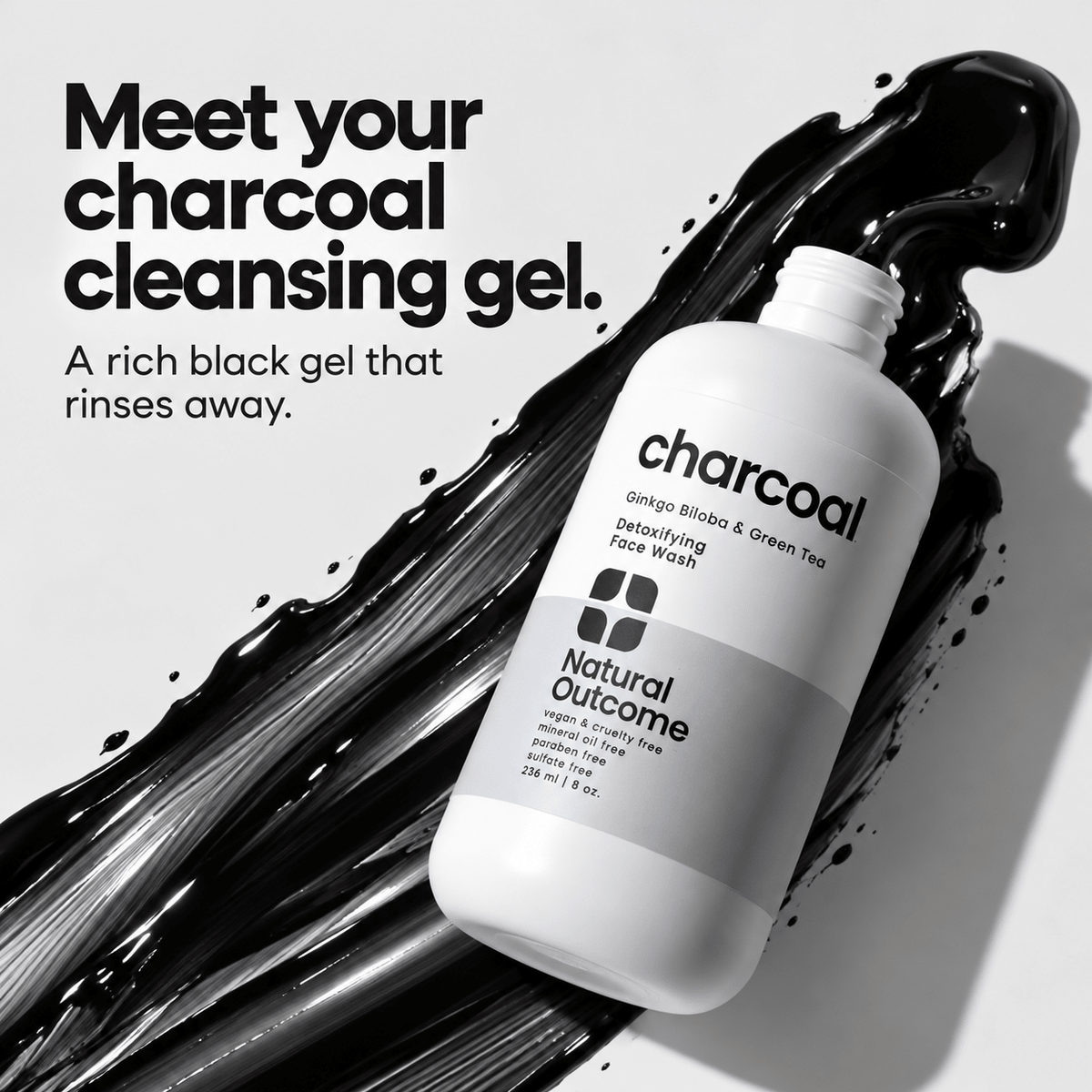 Natural Outcome charcoal cleanser rich black rinse-off gel texture