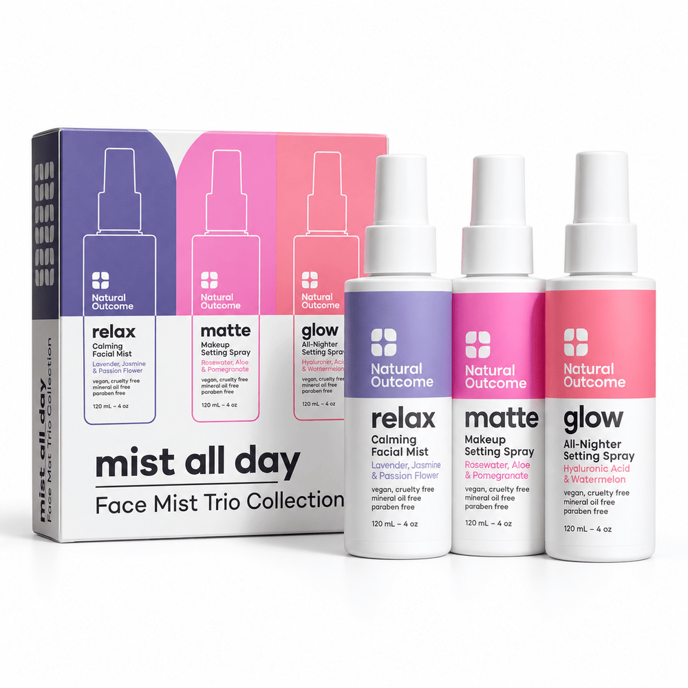 Natural Outcome Face Mist Trio Collection with Relax, Matte and Glow 120 mL bottles and box on white
