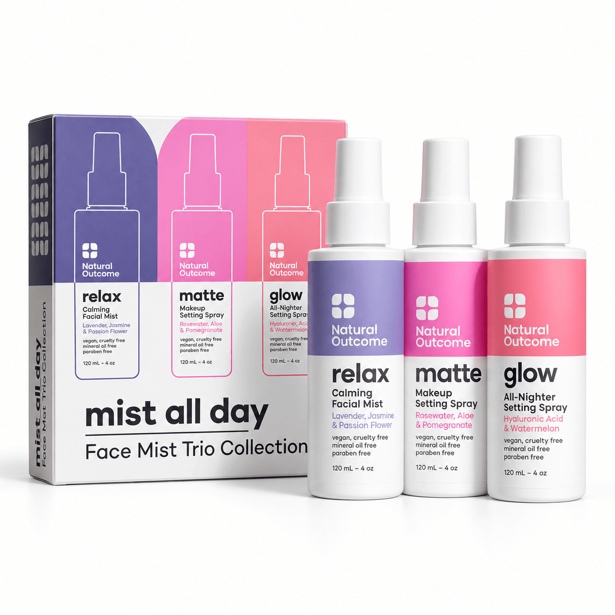 Natural Outcome Face Mist Trio Collection with Relax, Matte and Glow 120 mL bottles and box on white