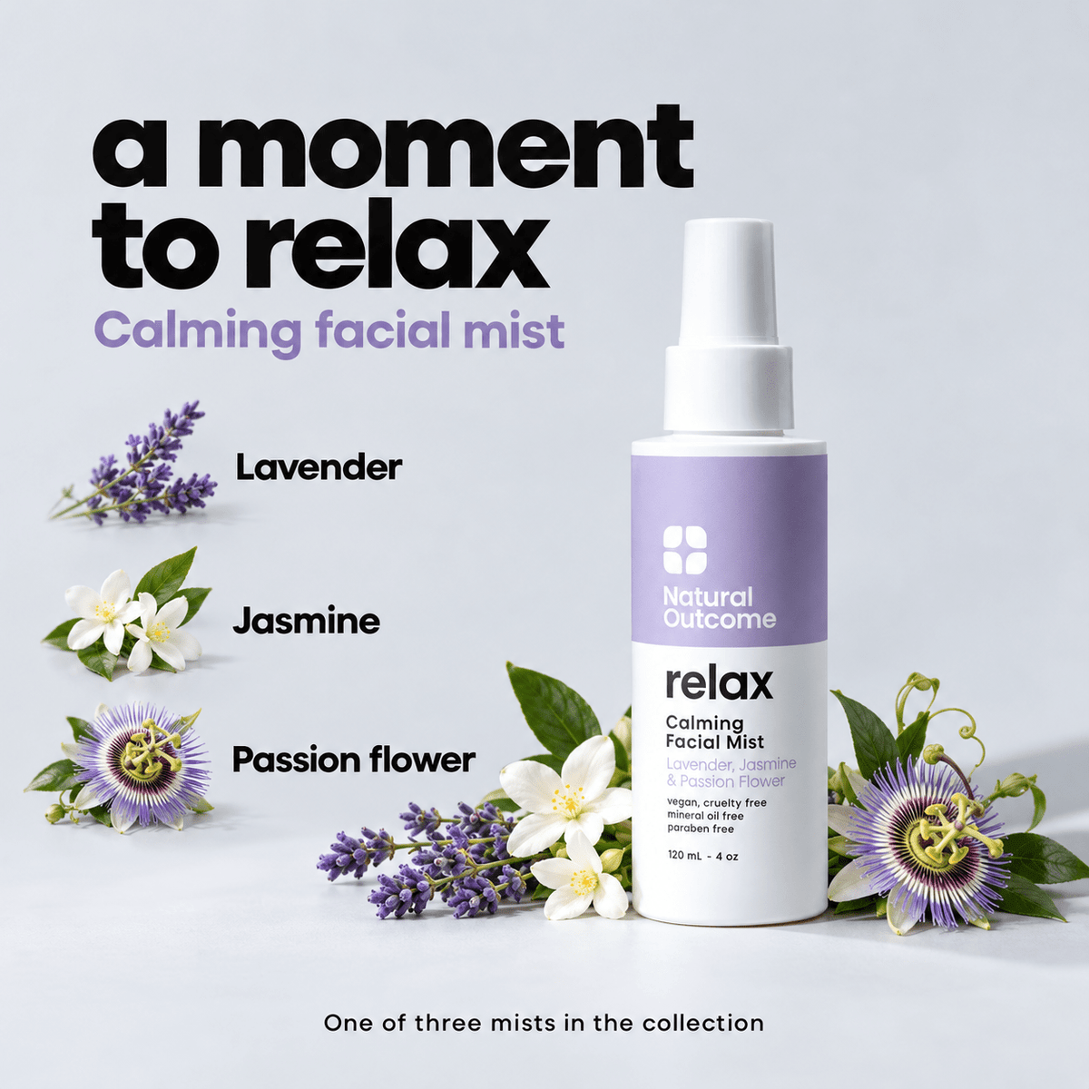 Relax calming facial mist with lavender, jasmine and passion flower