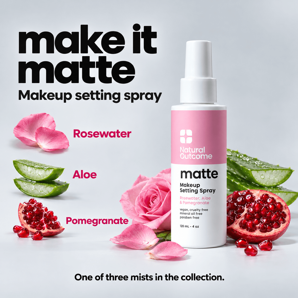 Matte makeup setting spray with rosewater, aloe and pomegranate