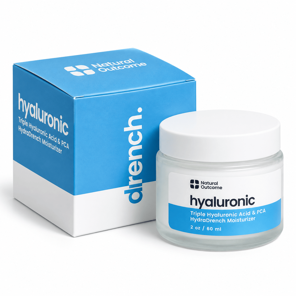 Natural Outcome Hyaluronic Acid HydraDrench Moisturizer single 60 mL jar with carton on white