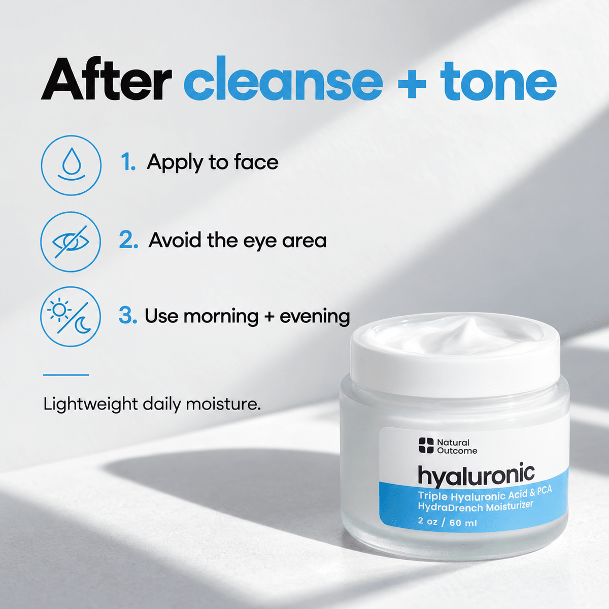 Apply HydraDrench to face after cleansing and toning morning and evening, avoiding eyes