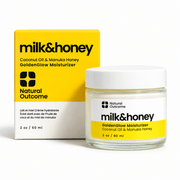 Natural Outcome Milk & Honey GoldenGlow Moisturizer, 2 oz / 60 mL jar with carton on white