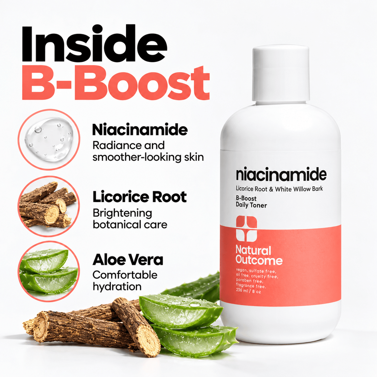 Niacinamide licorice root and aloe vera ingredient infographic