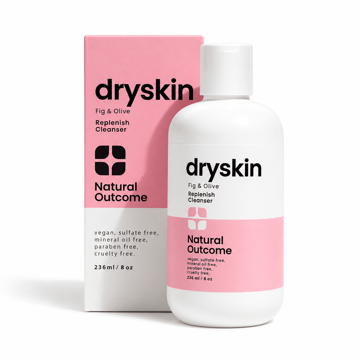 Natural Outcome Replenish Dry Skin Cleanser, 8 oz / 236 mL bottle and carton on white
