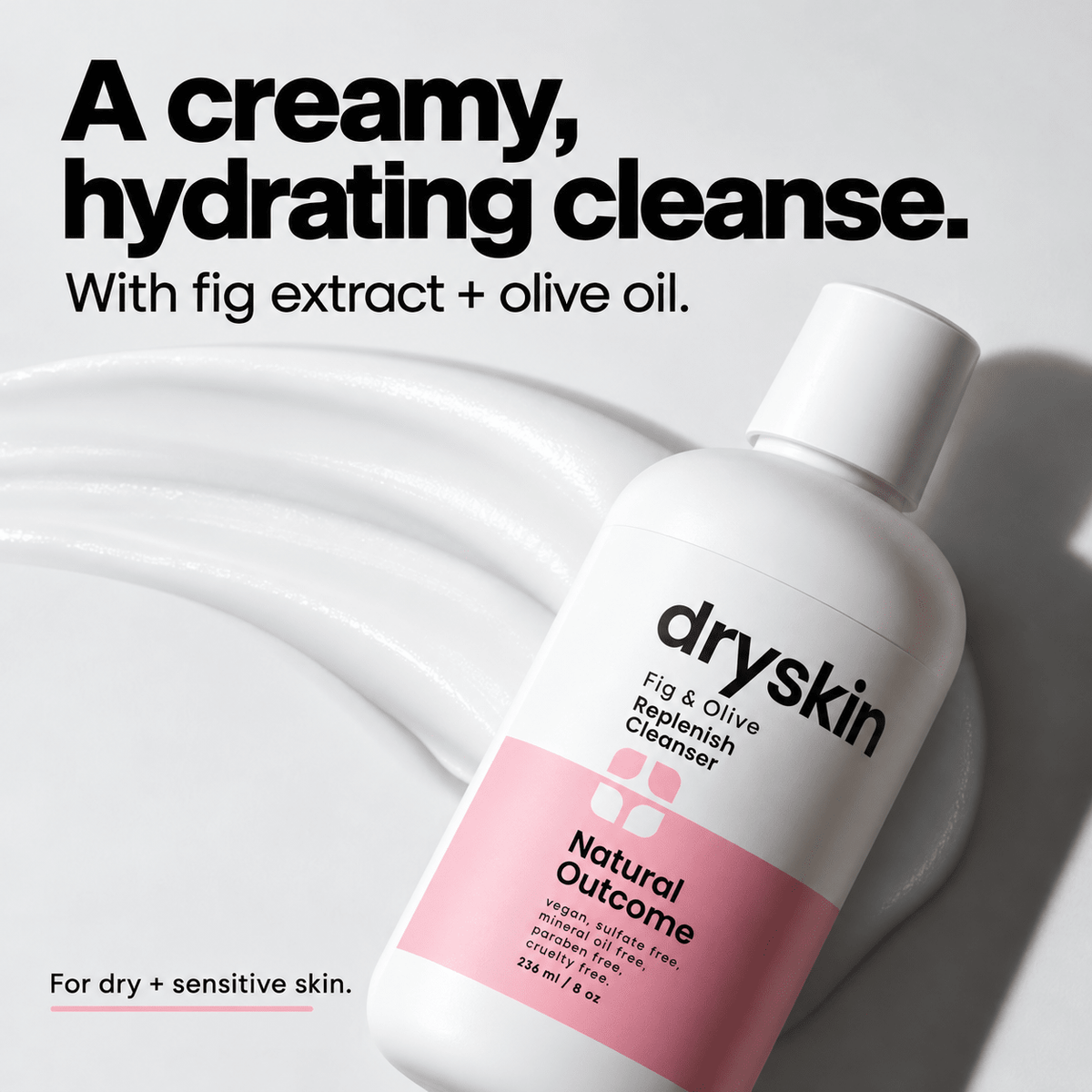 Creamy hydrating Replenish cleanser with fig extract and olive oil for dry and sensitive skin