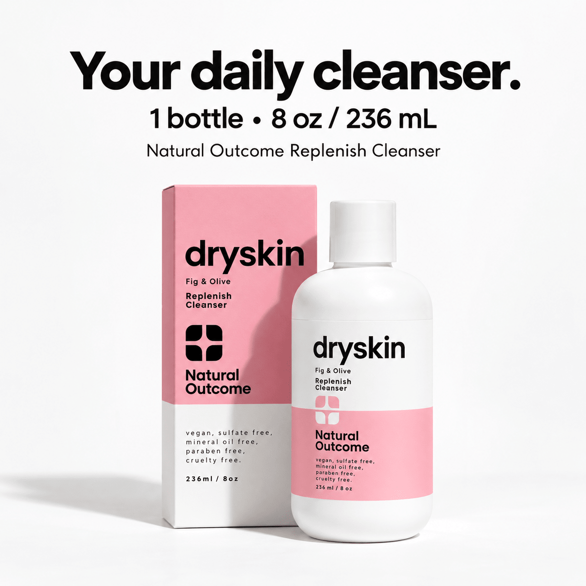 One 8 oz / 236 mL bottle of Natural Outcome Replenish Dry Skin Cleanser with carton