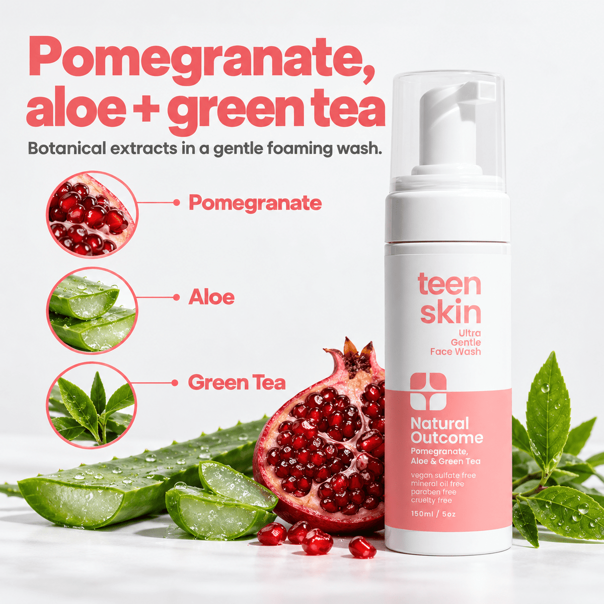Pomegranate, aloe and green tea extracts in Teen Skin Ultra Gentle Face Wash