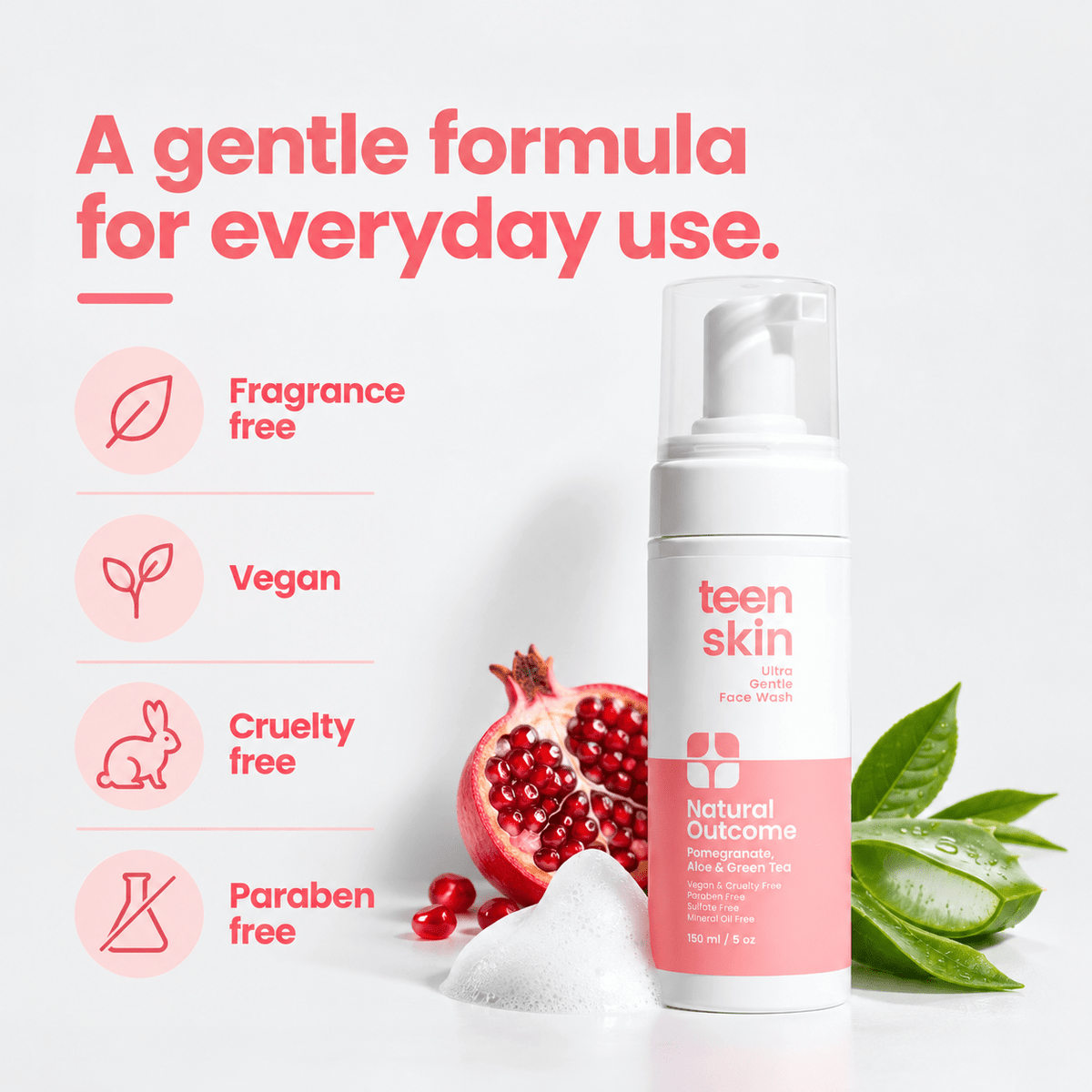 Fragrance-free, vegan, cruelty-free and paraben-free Ultra Gentle cleanser formula