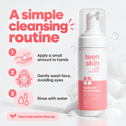 Teen cleanser usage: apply a small amount, wash face avoiding eyes, rinse with water; patch test first