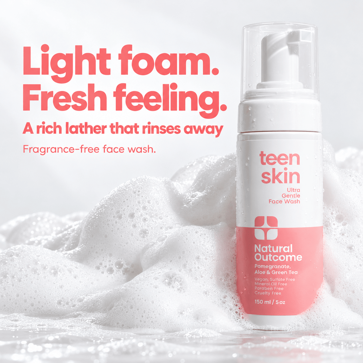 Rich foaming lather of fragrance-free Teen Skin Ultra Gentle Face Wash, 150 mL /5 oz