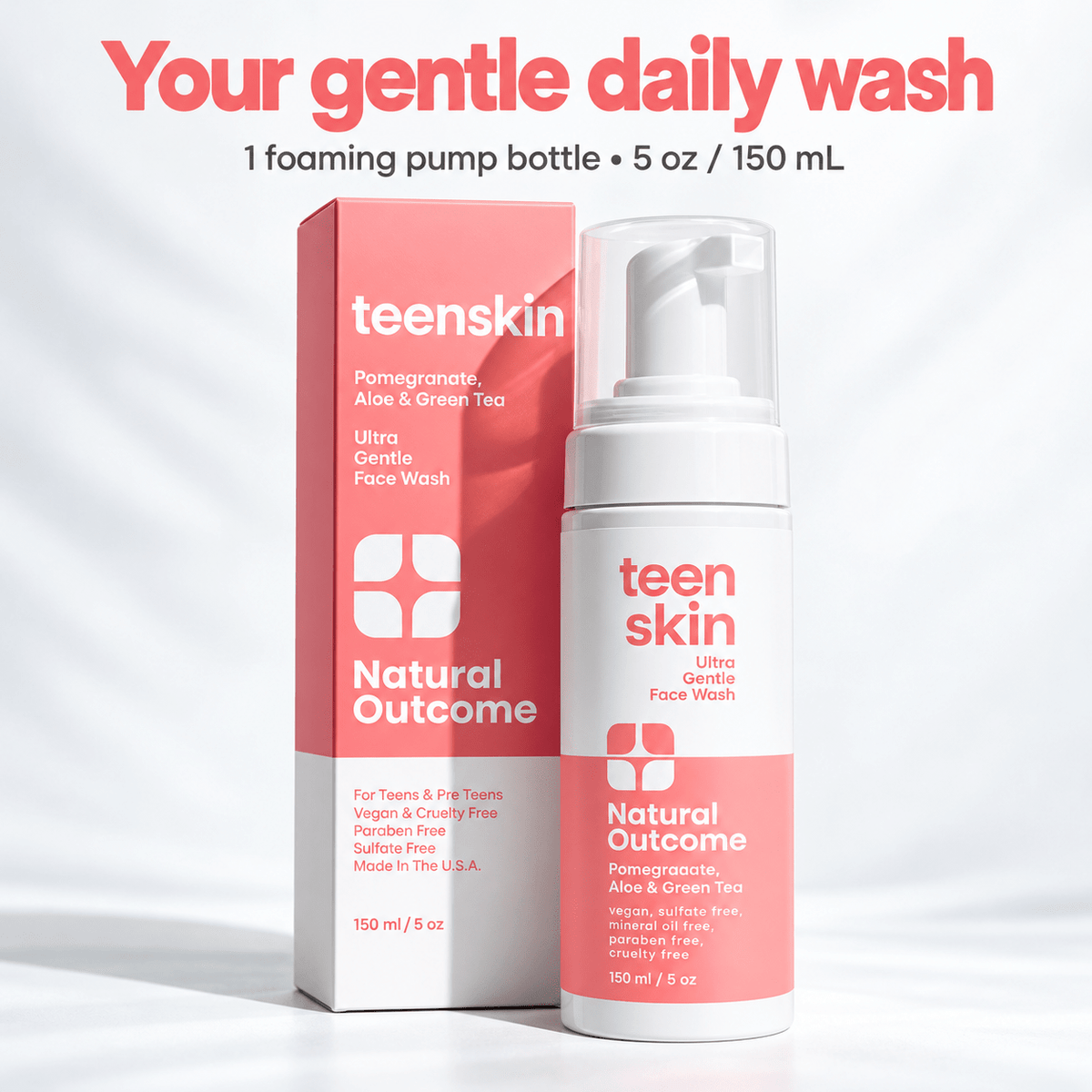 One Teen Skin Ultra Gentle Face Wash foaming pump bottle, 5 oz /150 mL, with carton