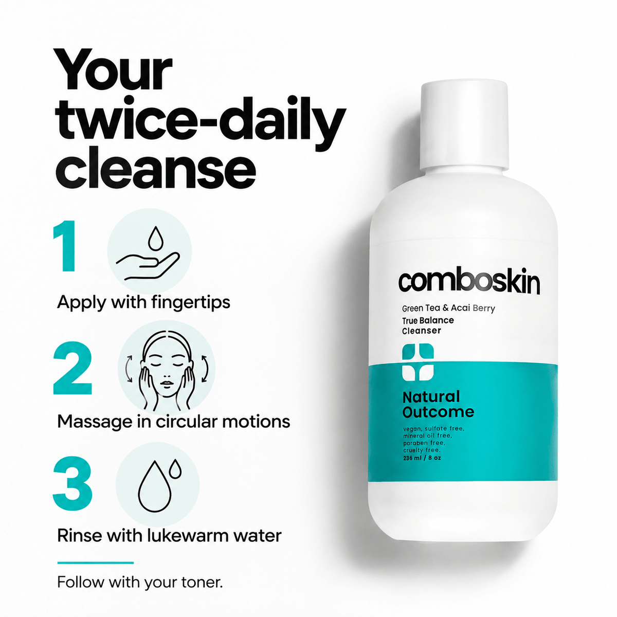 Apply twice daily with fingertips, massage in circles, then rinse with lukewarm water