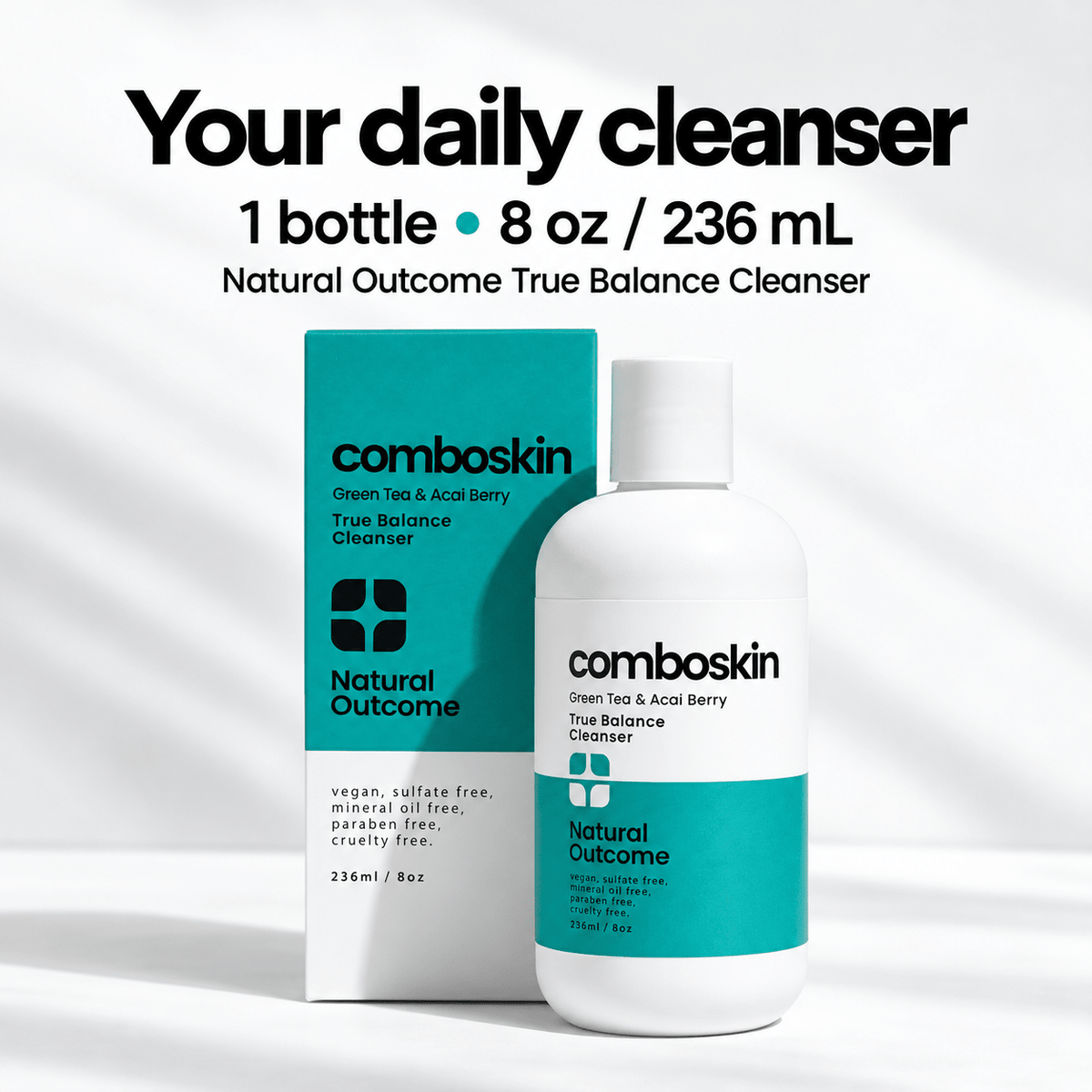One 8 oz / 236 mL Natural Outcome True Balance Cleanser bottle with retail carton