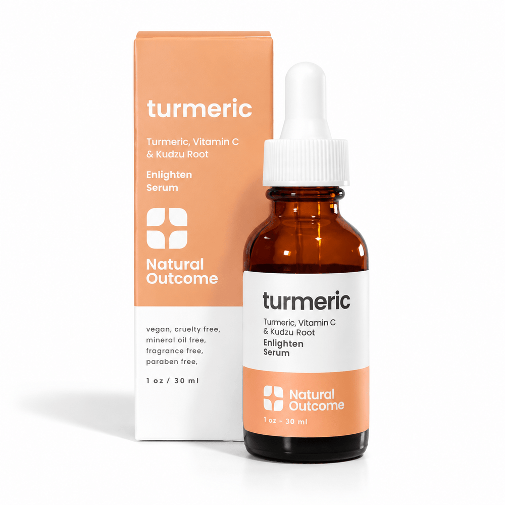 Natural Outcome Turmeric Enlighten Serum 1 oz / 30 mL bottle and carton on white