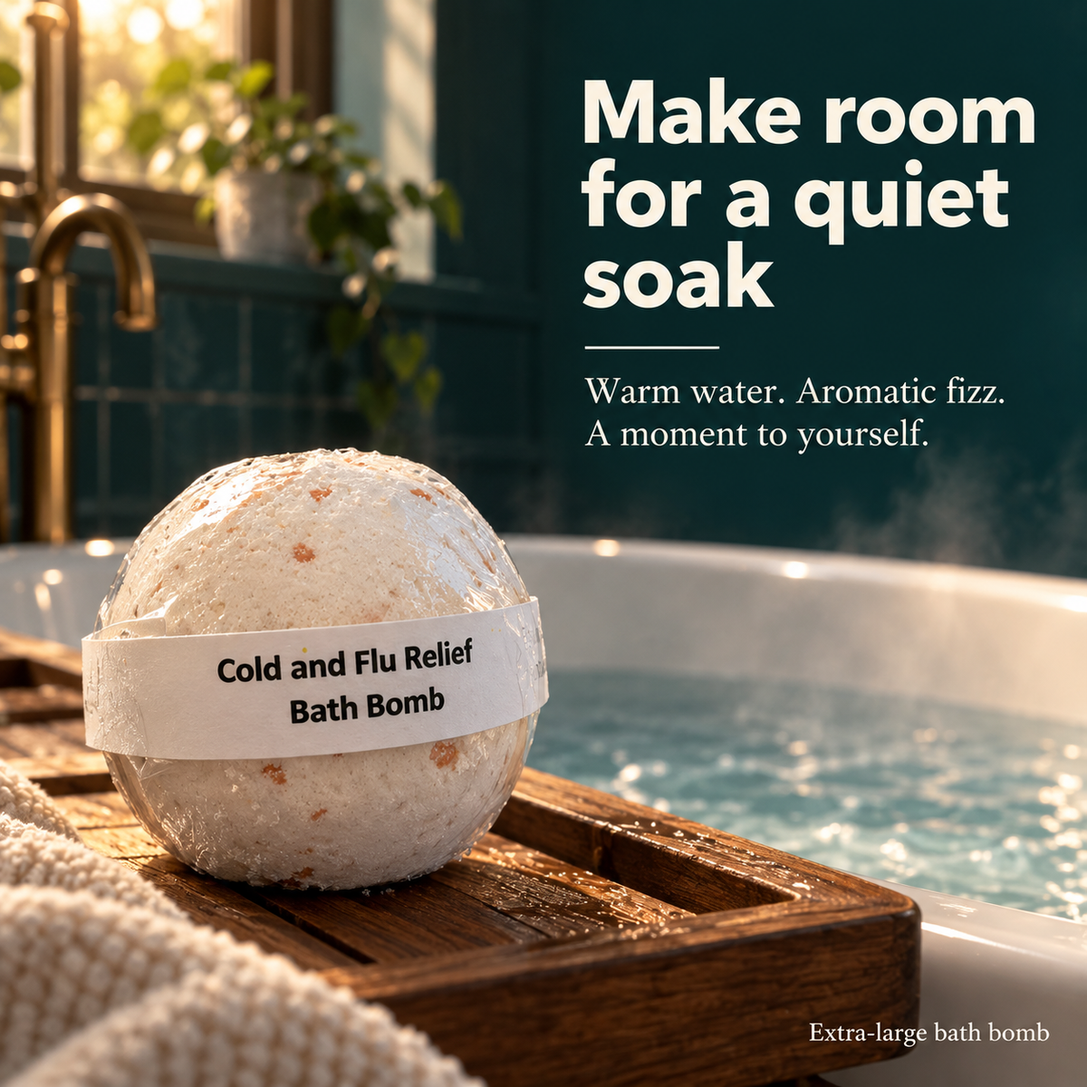 Nature's Love bath bomb beside a warm bath
