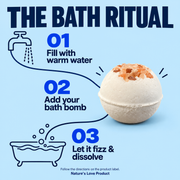Three-step bath ritual: warm water, add bath bomb, let it fizz and dissolve