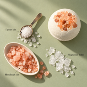 Simple ingredient still life with Epsom salt, Himalayan salt and magnesium flakes