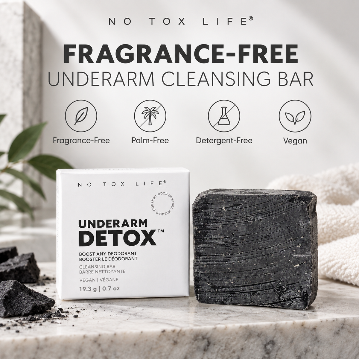 No Tox Life Underarm Detox Bar fragrance-free vegan features