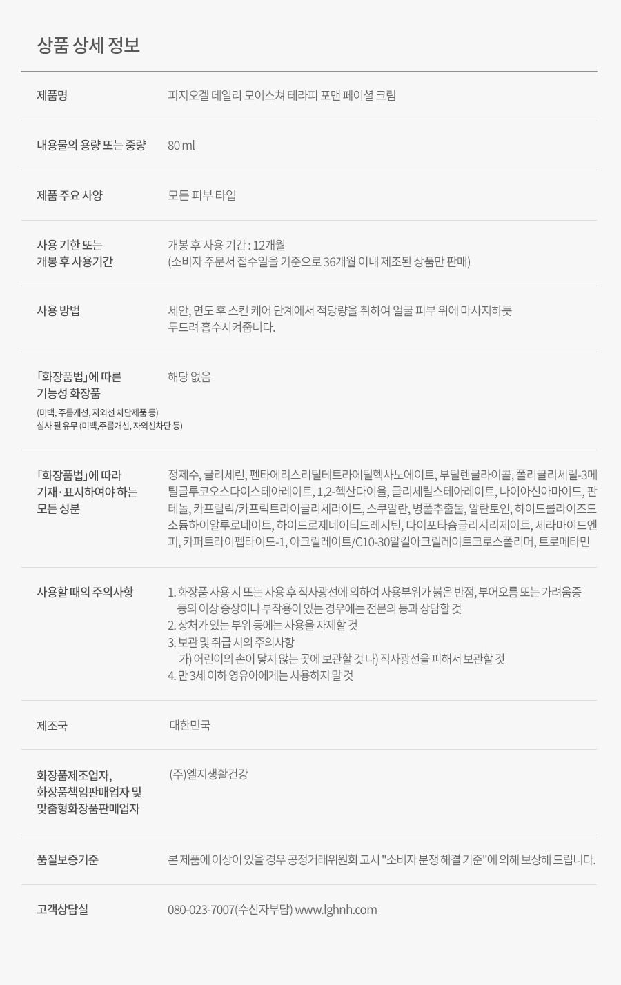 PHYSIOGEL original Korean brand artwork: directions ingredients