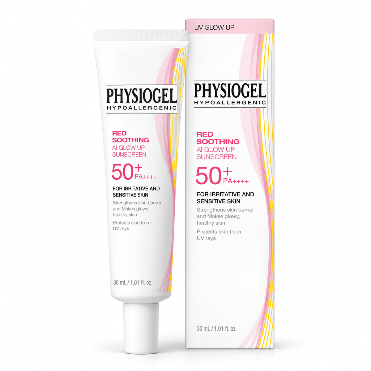 PHYSIOGEL Red Soothing AI Glow Up Sunscreen SPF 50+ PA++++ 30ml product packaging