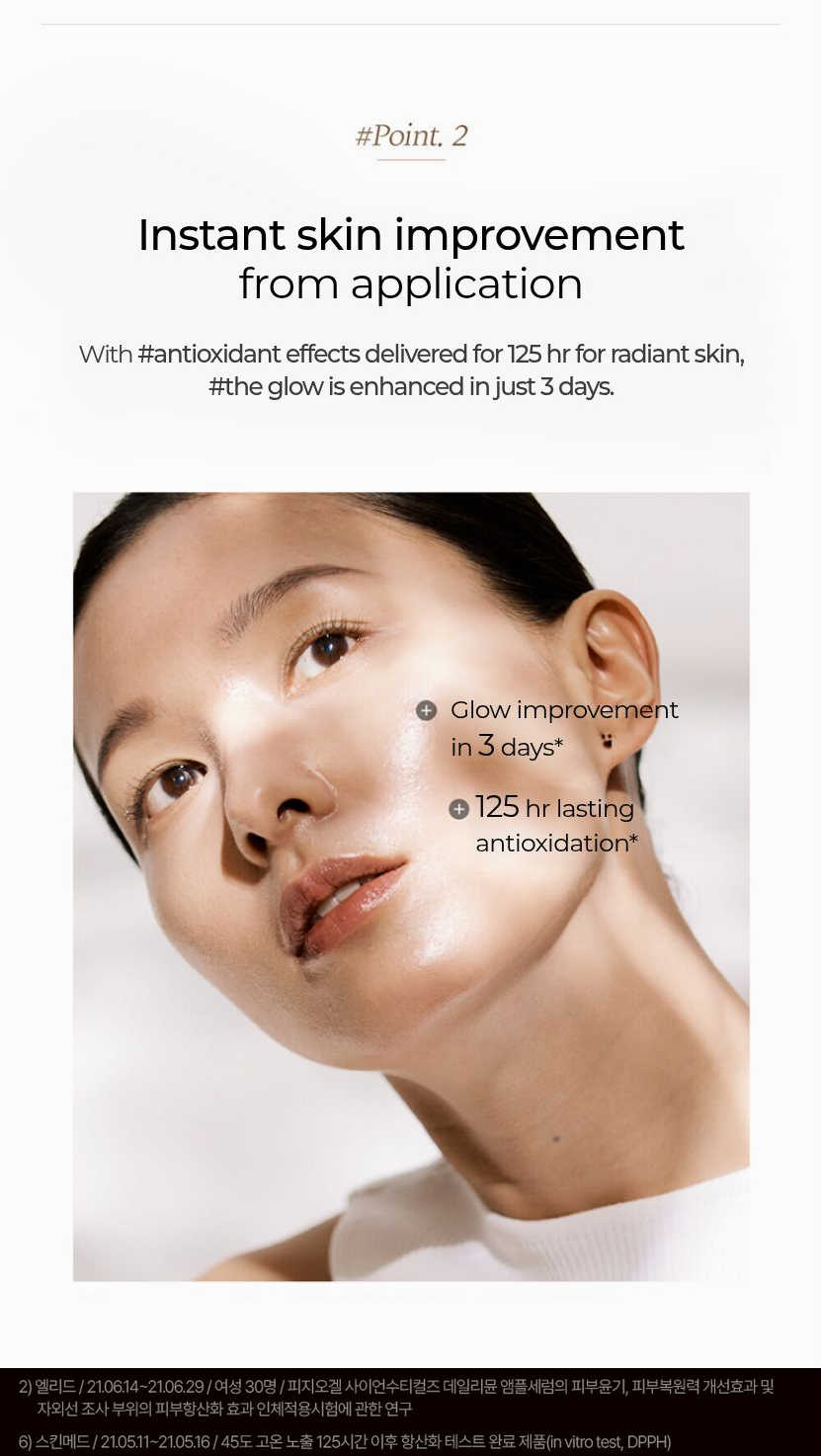 PHYSIOGEL Dailimune Ampoule 20ml - Point 2 glow and antioxidant results, with original study qualifications: glow study of 30 women; 125-hour result is an in vitro DPPH test after 45-degree heat exposure, not duration on skin